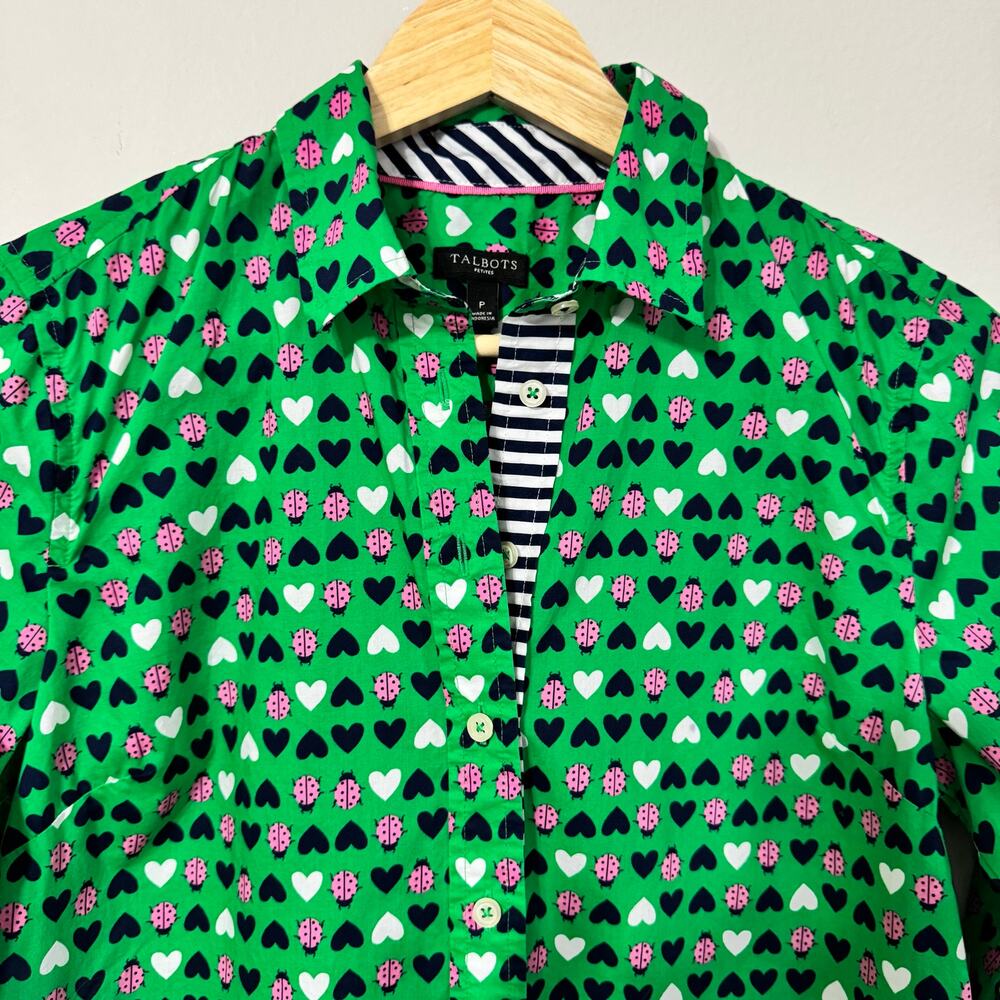 Talbots Top Size P Button Down Green Ladybug Hear… - image 4